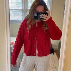 Vintage Trendy Red Cable Knit Button Up Chunky Cardigan